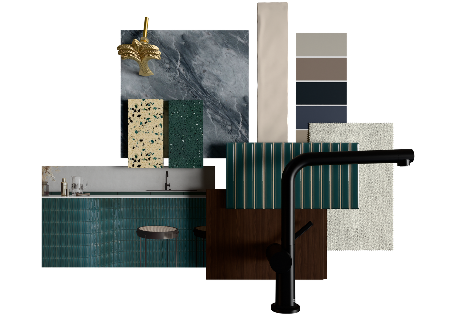 Kitchen design mood board with materials and fixtures